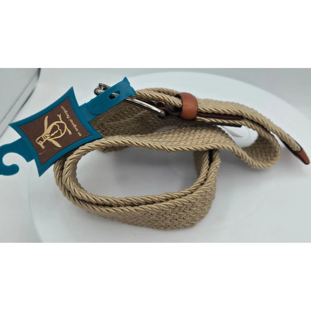 Original Penguin Mens Braided Elastic Stretch Belt Tan Leather Brown Trim Sz 38